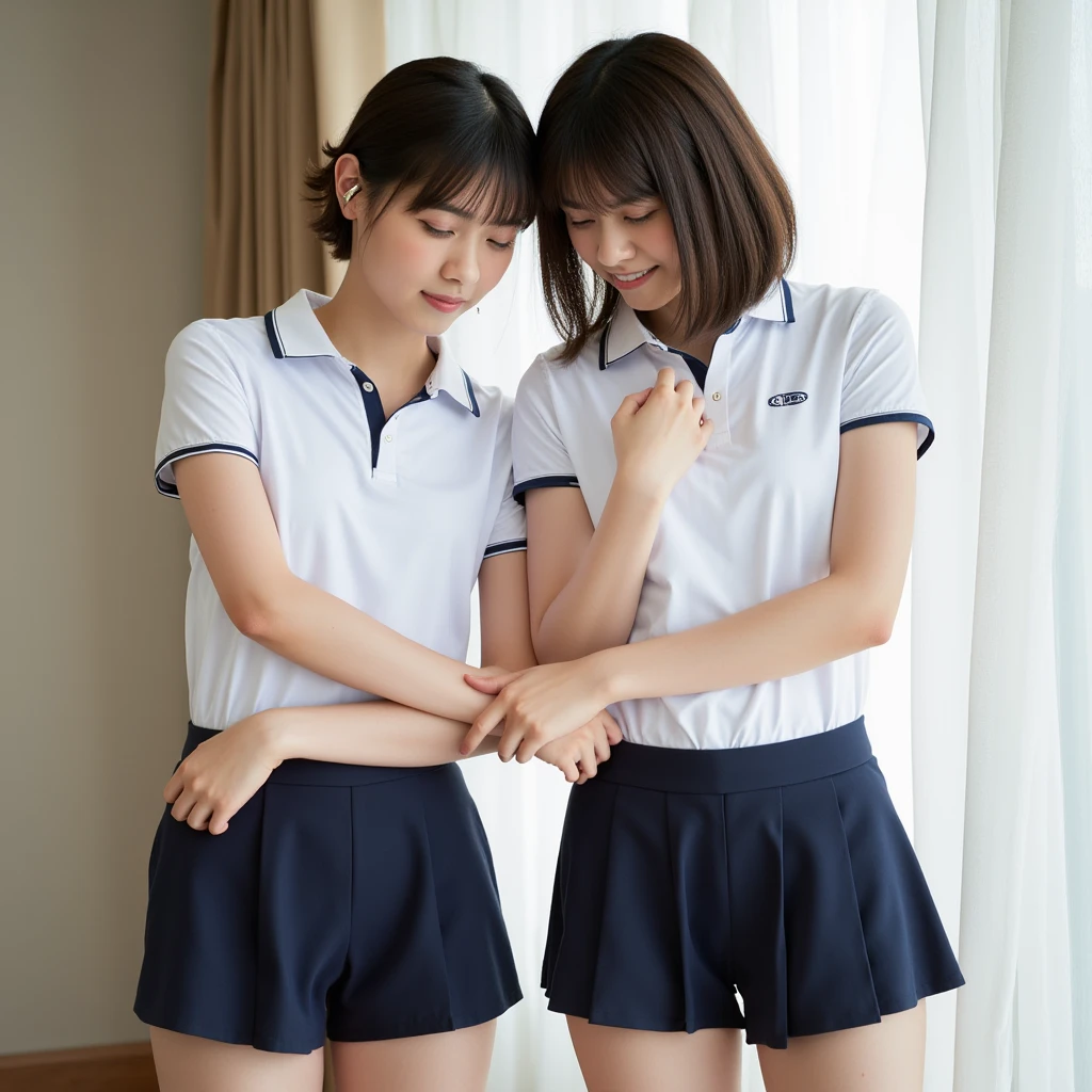 two girls standing in the park,Plain white school gym shirt with navy blue trim,Navy blue speed briefs,Red headband,White headband,18-year-old,bangs,A small smile,Thighs,knees,Straight hair with barrette,From below,Front light, White panties visible through the skirt、Lift the hem of the skirt with both hands to reveal the panties.