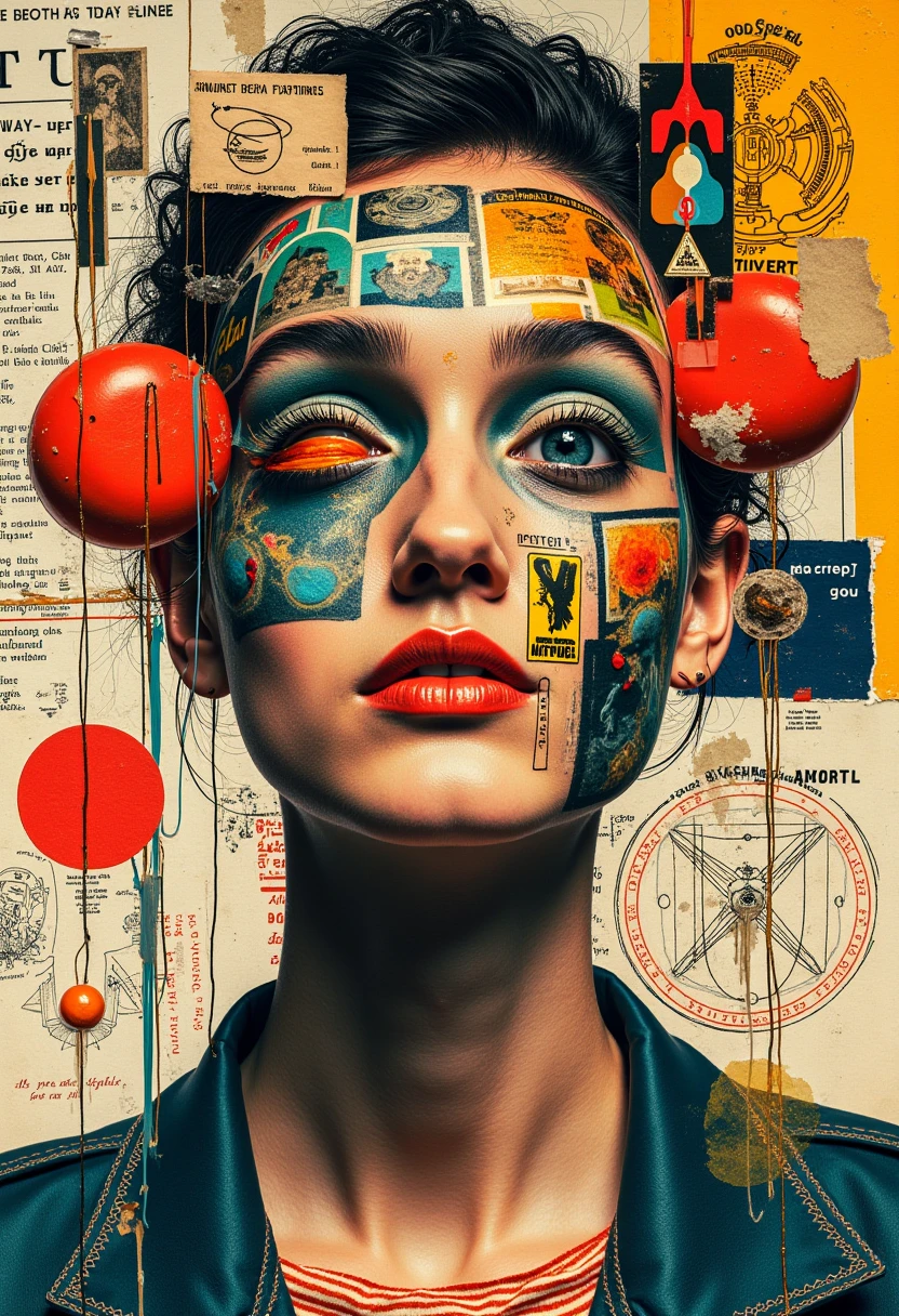 (best quality, ultra-detailed, 8k resolution, collage art style, retro aesthetic, vintage magazine cutouts, surreal and experimental composition, analog textures, paper edges, torn elements, 1960s and 70s color palette, eclectic visual mix, overlapping faces, abstract body parts, old advertising text fragments, grainy newsprint overlays, pop art influence, tape and glue effects, cultural iconography, random objects, hand-drawn doodles and arrows, old diagrams, surreal juxtaposition, visual chaos with artistic intent, punk zine vibes, paper clipping shadows, photomontage energy, rebellious tone