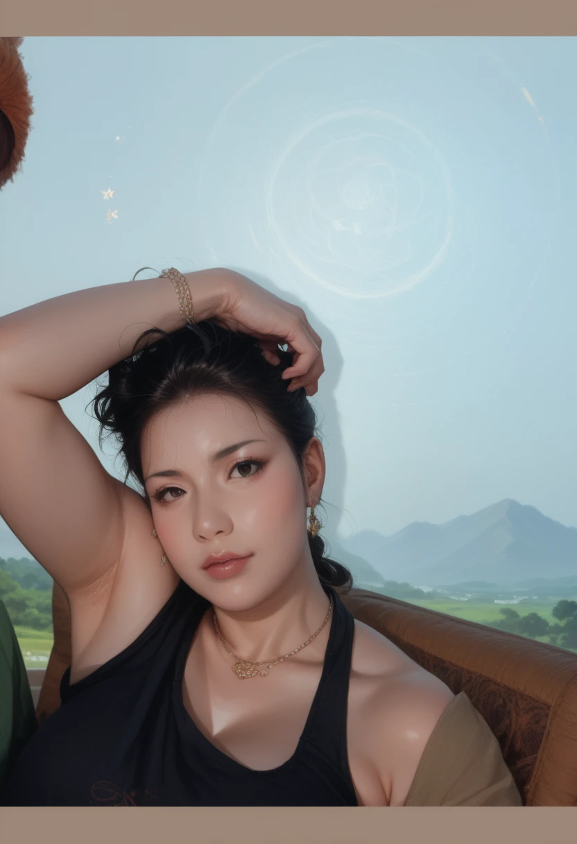 araffe woman in a red shirt posing for a photo, elegant glamor pose, elegant pose, doing an elegant pose, Asian, Japanese woman, boobies, neckleace, tattoo on right arm, blue eye makeup, outlined, shorth hair, Bblack hair, detailed hair