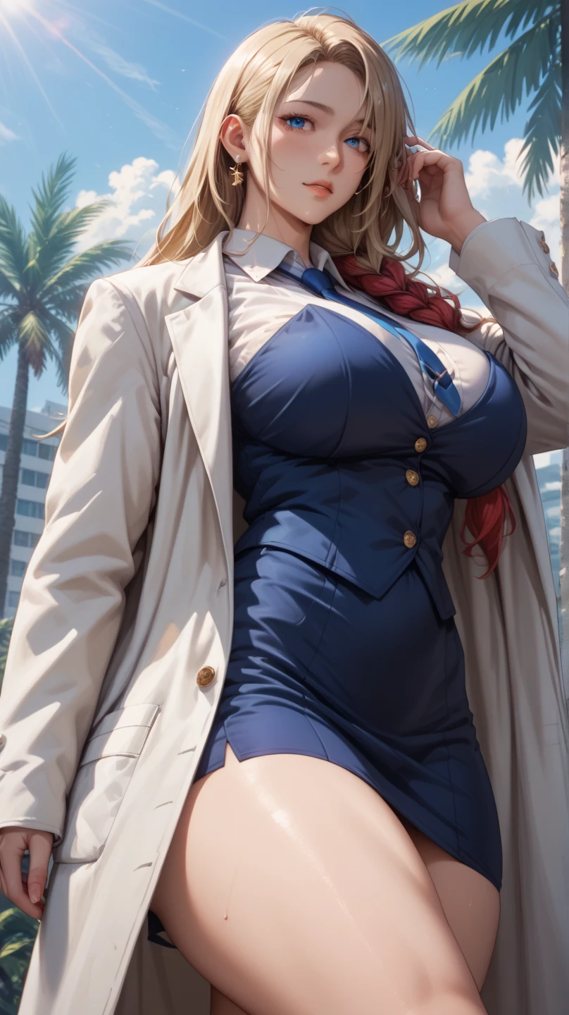 An extremely beautiful busty woman, with gold blonde long silky hair, blue oceanic eyes, extremely super bright snow white fair stunning flawless glowing lush shiny white skin, and complexion, a perfect tight hourglass figure, a thick plump ass, cleavage, and perfect hips, wearing a short loose revealing sky-blue floral dress with a sash around waist with a white off-shoulder cardigan, yellow heels, jewelry on the neck, silver bangles on her wrist, and gold anklets on her legs, gold earrings, gold chain on the waist, a shiny blue ring on the finger, a cute adorable smile on pink puffy lips, pink nails, red rose on hair, standing straight, holding a big bouquet, looking at the viewer, big house in the background, day time, show full body from head to feet.