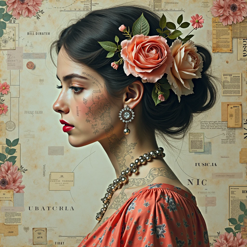 A surreal digital collage of a beautiful woman composed entirely of fragmented vintage imagery — her face formed from overlapping floral patterns, classical statues, torn film reels, and retro fashion ads. Her hair flows like ink, made from swirling newspaper headlines and metallic foil. Each body part subtly shifts in texture—silk fabric for skin, shattered porcelain for cheeks, neon signs for earrings. The figure stands gracefully in front of an abstract paper-cut background of faded postcards and celestial maps. Soft morning light brushes across her form, casting subtle pastel reflections. Drawn with: high-art photomontage techniques, fluxus influence, mixed-media layering, retro advertisement clippings, classical textures, magazine collage surrealism, and baroque color grading.