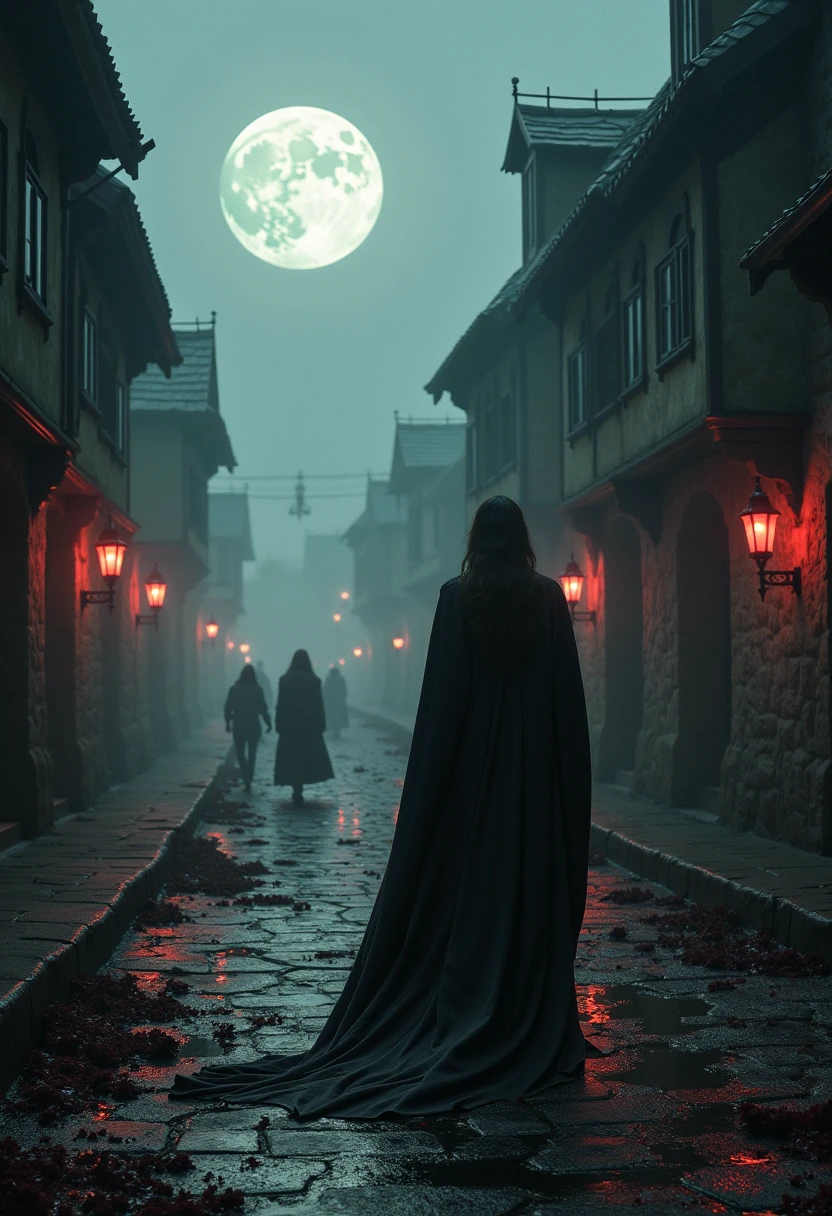 Create an intense and visceral scene of a massacre in a medieval village, where the vampire Natasha, the last of its kind Strigoi, unleashes her fury after the destruction of her line by a monster hunter. The last of its kind is shrouded in cold and in fog, the village of Blackthorn is overcome by terror when Natasha, moving like a lethal shadow, begins her revenge. Describe your supernatural apparition—burning eyes, sharp claws, dressed in bloodstained black—and his calculating cruelty as he slaughters the villagers one by one. Show the residents' panic, your futile attempts to defend themselves, and the final despair when they realize that there is no escape. Include sensory details: the iron smell of blood, the screams that are extinguished, the deadly silence that ensues when Natasha ends her carnage. The scene must end with her alone between the s, contemplating her eternal loneliness before disappearing into darkness."

**key elements to include: 
- Tom: Sombrio, Gothic, brutal and melancholic.  
- Estilo: cinematic prose, with vivid descriptions and fast pace in the moments of action.  
- Sensory details: Sounds of throats being torn, smell of blood, visually from bodies fallen under the moonlight.  
- Emotional arc: From Natasha's relentless fury to his bitter realization that he is now completely alone.  