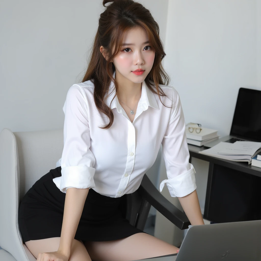 A Japanese Lady、beauitful face、Long Black Hair、black suits、micromini skirt、Black heels、beauty legs、Raw feet、tall、long legged、Clean thighs、sit a chair、Leg Pose、Cross your legs