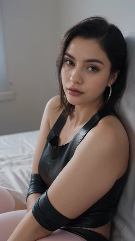 Professional portrait photography of a beautiful smiling catwoman.,Bettie page chica en ropa de invierno ,cola de caballo pelo negro, pintalabios rojo,maxifalda larga negra(maxifalda larga negra:1.2),mirada coqueta y sensual, beautiful symmetrical face, maquillaje bastante natural, wearing stylish and warm winter fashion clothes,coqueteando con la camara, ((guantes de cuero negro)), ((lying in bed with my hands and feet tightly chained to the bed in front of me in my dark hotel room )), ultra realista, Arte conceptual, elegant, Muy detallado, complejo, Sharp focus, profundidad de campo, F/1. 8, 85mm, (((color calificado profesionalmente))), luz difusa suave y brillante, (volumetric fog), tendencia en Instagram, hdr 4k, 8k