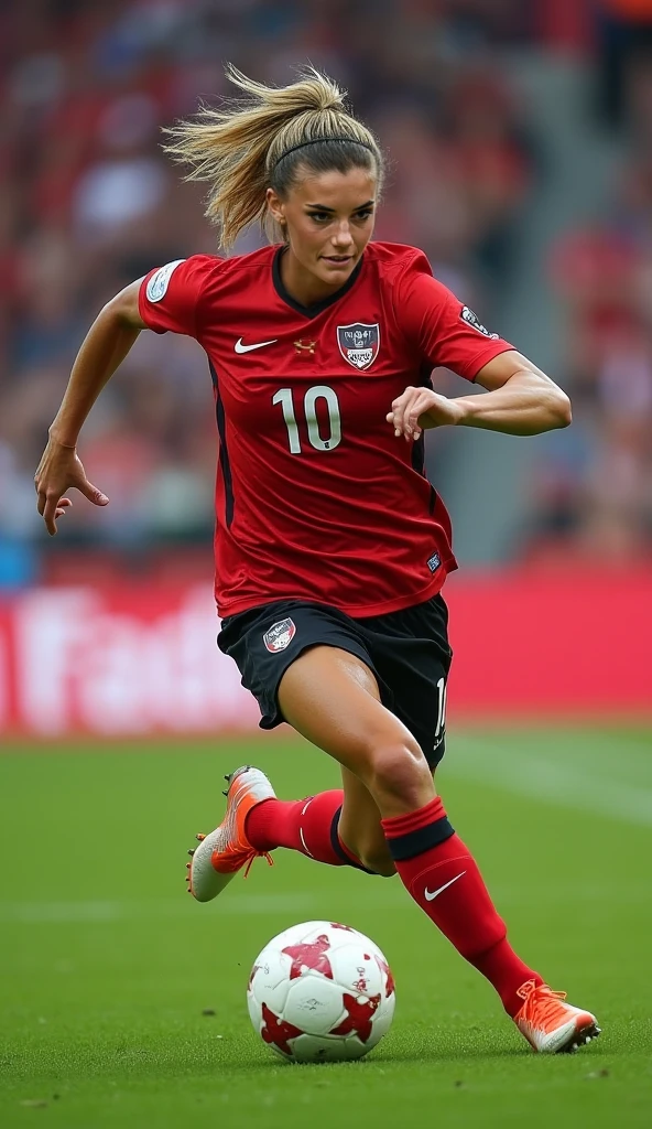 Women soccer player pulling shorts doing a foul, full body