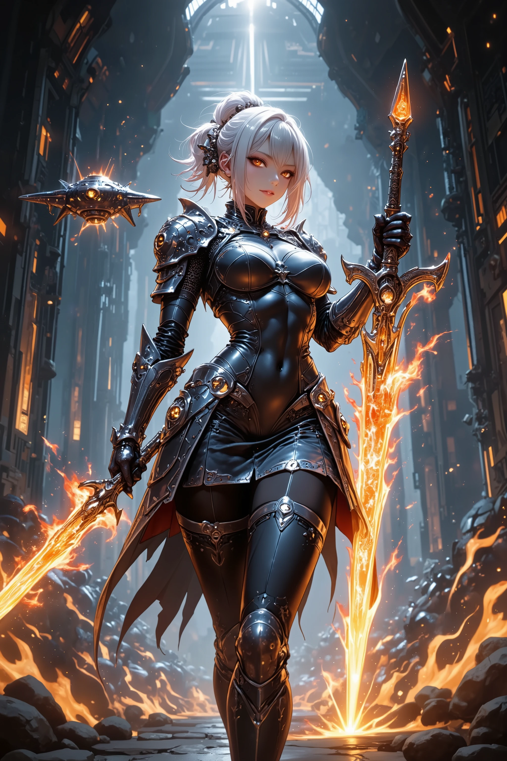 Feminine Mecha Knight, Leotard Armor, energy skirt armor, Floating Guard Drone, flame tongue whip