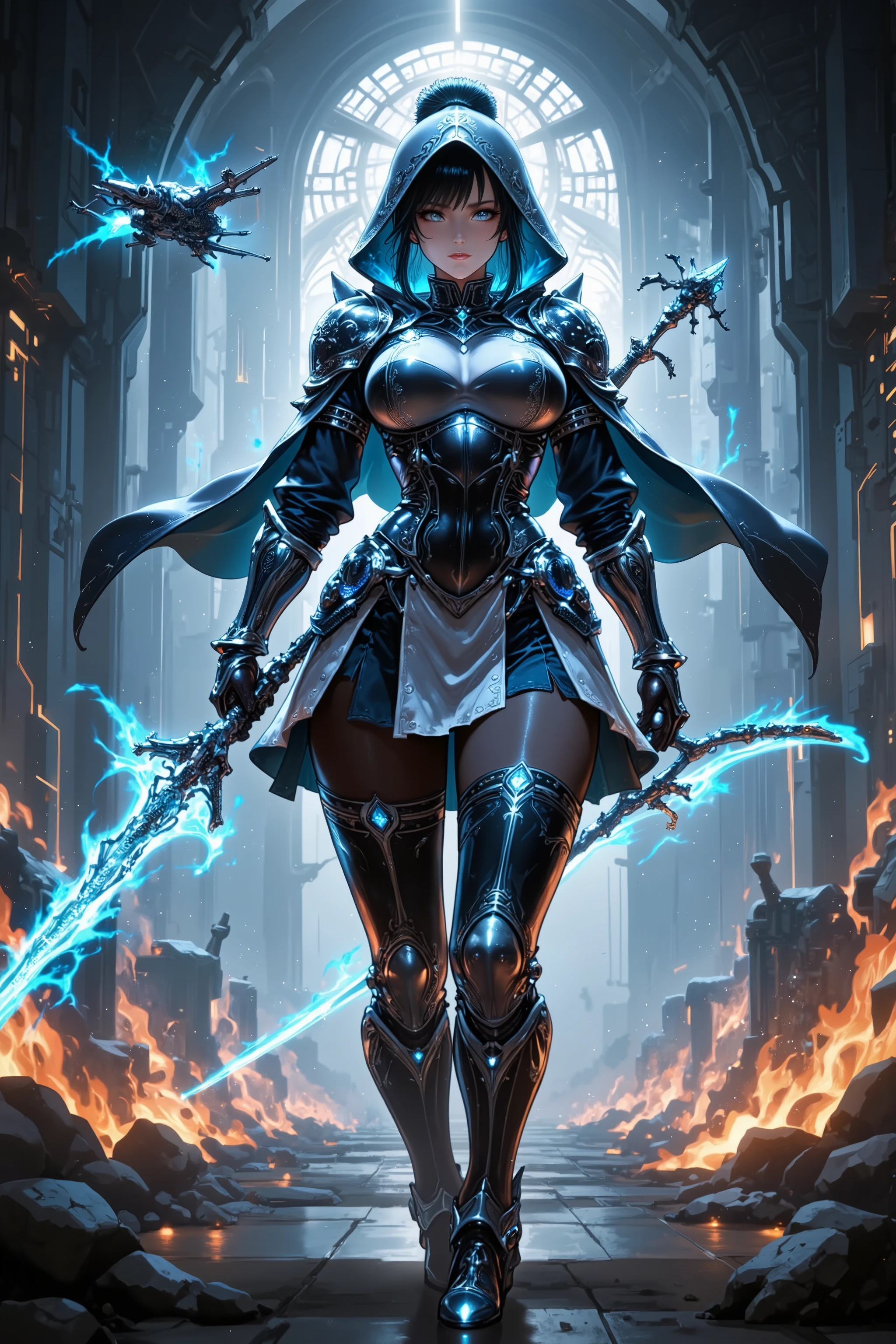 Feminine Mecha Knight, Leotard Armor, energy skirt armor, Floating Guard Drone, flame tongue whip