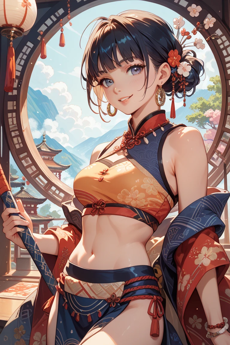 8k_wallpaper, extremely detailed eyes, extremely detailed body, (large masterpiece digital art), (detailed manga illustration), (detailed line art), ((perfect anatomy)), (intricate details:1.3), (ultra-detailed:1.3), (illustration:1.3), (sharp focus:1.3), (natural lighting:1.05), (vivid colors:1.3), (masterpiece), best quality, expressive eyes, perfect face, 1 girl, breasts, cleavage, gloves, large breasts, sarashi, traditional clothes, cerulean clothes, black hair, short hair, messy hair, dark brown eyes, hourglass physique, loose-fitting pants, dynamic pose, large ass, pale skin, shrine maiden, tomboy, combat boots