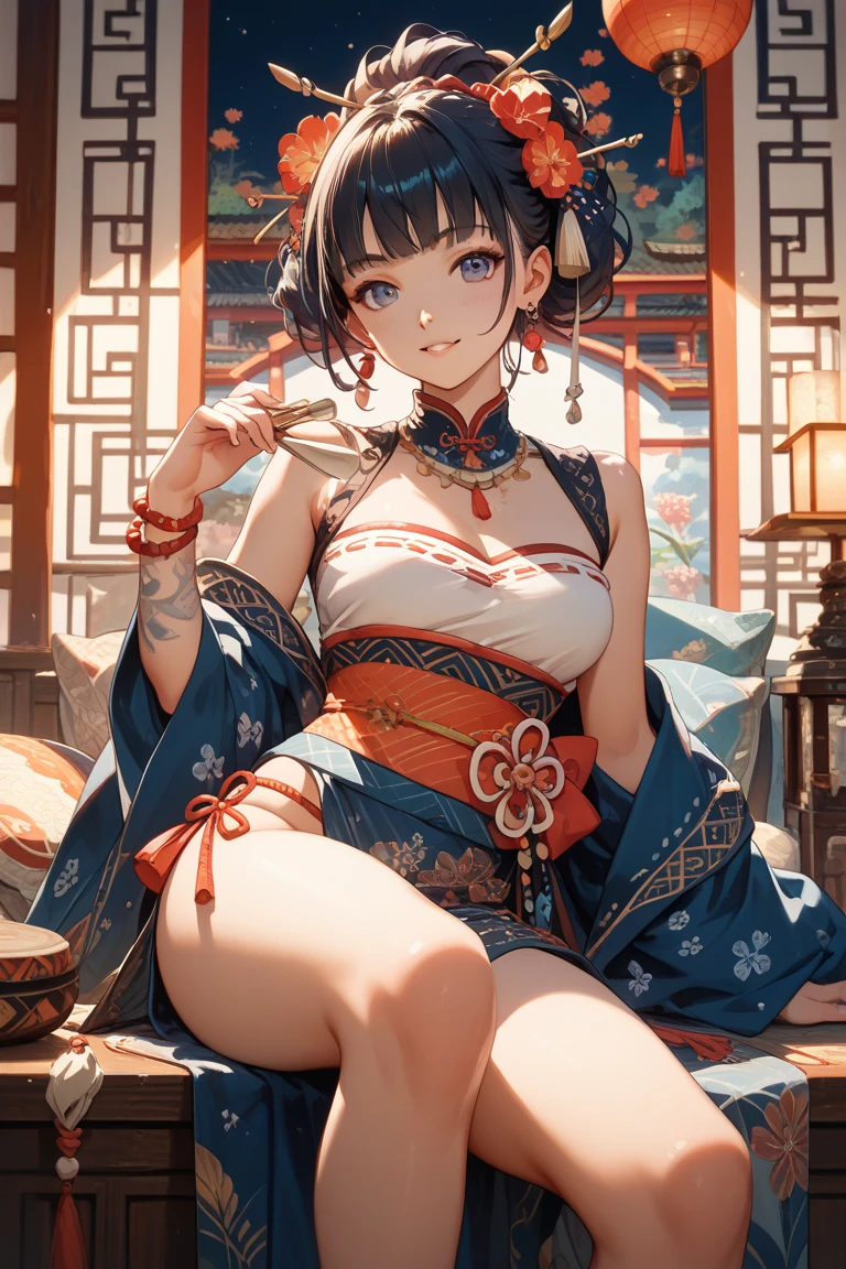 absurdres, RAW photo, extremely delicate and beautiful, masterpiece, Best Quality, ultra high resolution, 32k, hyperrealistic, ultra-detailed, in her 20s, delicate facial features, beautiful detailed girl, extremely detailed eyes and face, beautiful detailed eyes, tearful mole, earring, medium breasts, full body shot, shorter middle hair, black hair, jiangshi costume, hat, talisman, blue dress, chinese clothes, exposed shoulders, sandals,