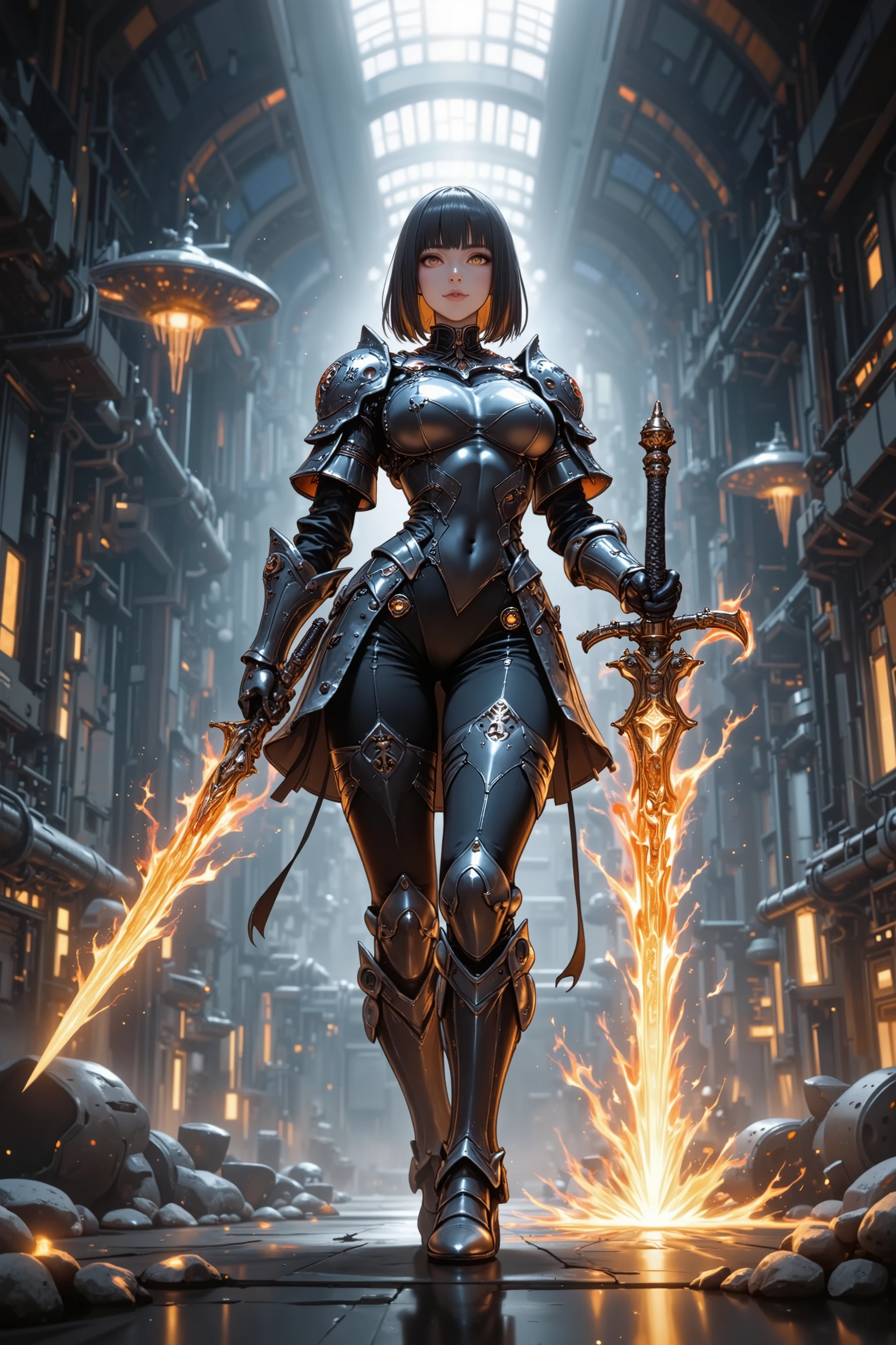 Feminine Mecha Knight, Leotard Armor, energy skirt armor, Floating Guard Drone, flame tongue whip