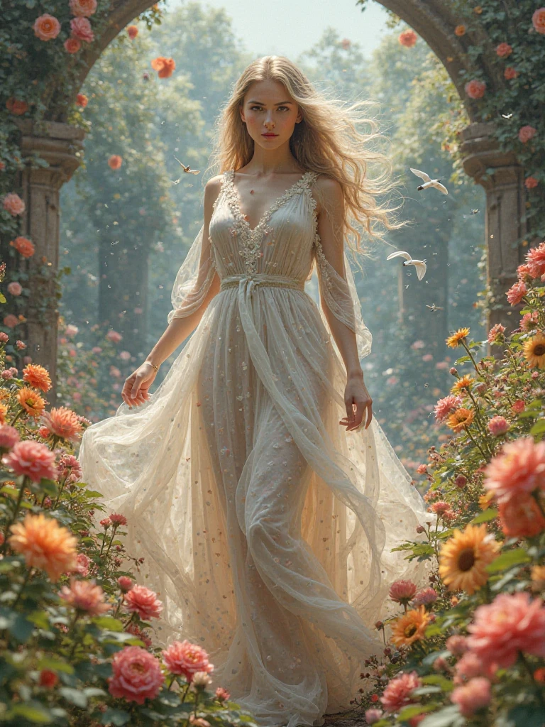 Full body view, (Official Art), (Photorealistic: 1.2), Sharp Focus, (Beautiful and Aesthetic: 1.2), (1 curvy girl), Beautiful Face, Detailed and Perfect Face, Highly Detailed, surrounded by flowers, Roses, Lilies, Sunflowers, Poppies, Peonies, Rhododendrons, (Fractal Art: 1.3), Colorful, Highly Detailed, Ancient Flower God, Young Girl, white Silk ?????????????????, ????? showing, gentle smile, ???? pose, bewitching, ????, ??????, perfect proportions, ??????????????, small waist, navel, thighs , dynamic pose, from below, flying birds, depth of field, original, wallpaper, flaxen hair, magic circle, forest, colorful leaves, waterfall, ruins, long wavy hair, full body artwork,