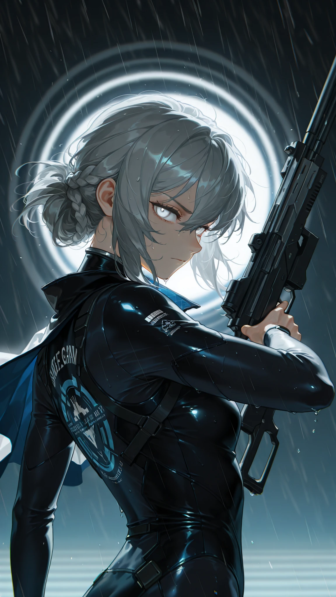 by [arknights|(748cmstyle:0.5)], god rays, cinematic shot, mature, young adult, masterpiece, best quality, amazing quality, very aesthetic, high resolution, ultra-detailed, absurdres,
(1girl, solo:0.55), alone,(from side, upper body focus, action shot, three quarter view, dynamic shot, dynamic pose, movie wallpaper:1.2),HoSenti, medium hair, gray hair, braid, white eyes, futuristic Mirror's Edge city, High Tech America, white eye, hair between eyes, dramatic pose,  secret agent, holding gun, futuristic SCAR-L, science fiction rifle, laser rifle, cyberpunk clothes, modern clothes, side cape, rainy, wetsuit,  glaring at viewer, novuschroma79 style, glitch art photo, BREAK, depth of field, volumetric lighting 
 