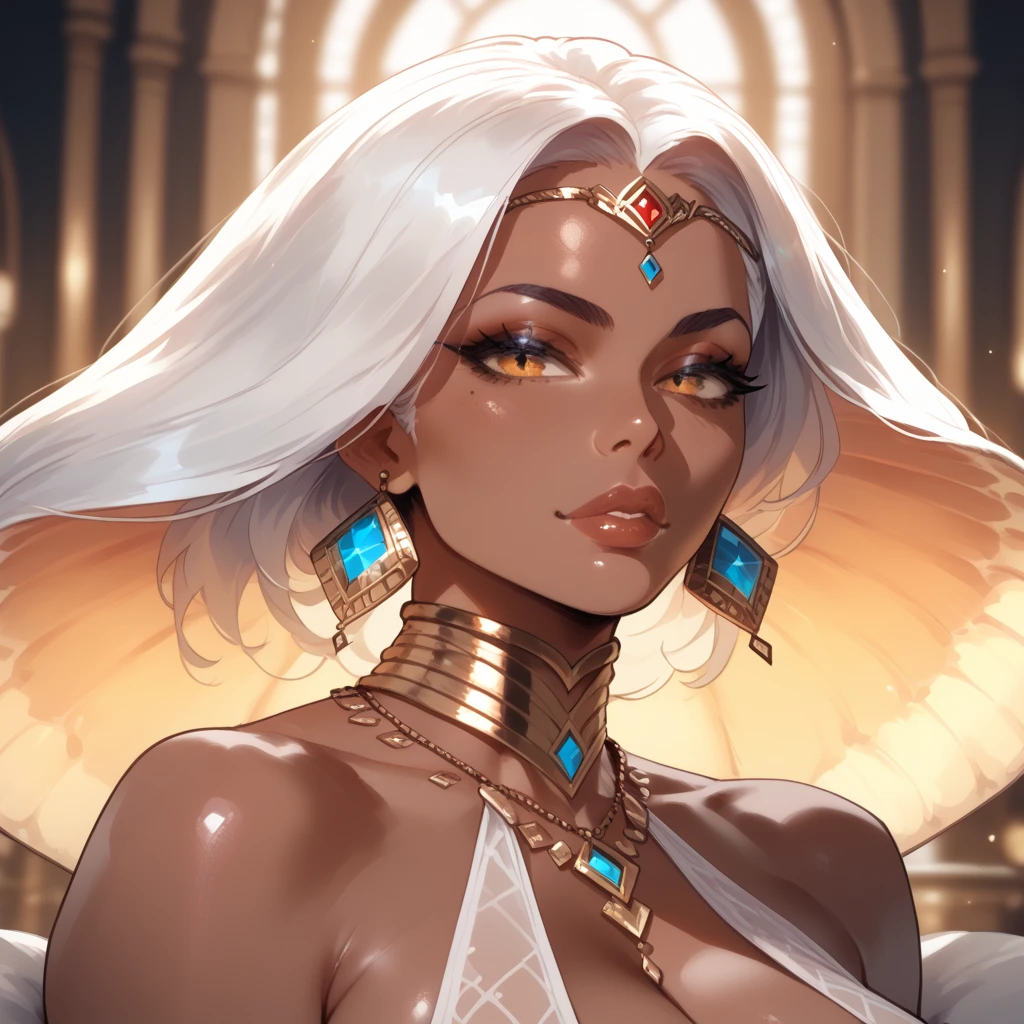 Goddess ((goddess-like woman)), slim, elegant silhouette, masterpiece, (close angle), best quality, (dark skin), sweet face, (masterpiece:1,2, best quality), (real picture, intricate details), ( 1 lady , Solo, medium tits, narrow waist, (with length hair), a woman with withe hair, white hair, long hair, wavy white hair, turquoise eyes, she has an impressive presence, bracelet, hoop earrings, jewelry, beautiful face, beautiful eyes, Side Pose, Side View, She is wearing a white strapless short dress and sandals, the jewelry gives her overall appearance a touch of glamor. sweet smile, thigh gap, sweet irresistible smile, elegant pose, elegant hands, beautiful hands, perfect fingers, background: Bar, danceclub, city
