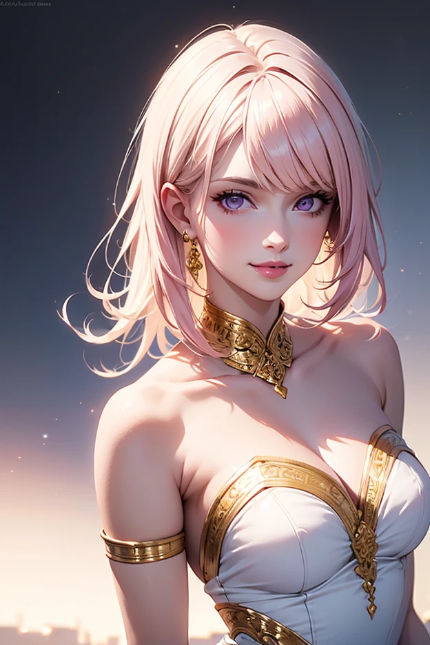 (masterpiece, best quality), intricate details, thin, ((slim)), beautiful girl, Light pink hair, white skin, light purple eyes, sharp jawline, wearing a strapless blue dress with white accents, The dress has a beautiful gold decoration with a decorative armband and halter neck, messy hair, lips, smirk