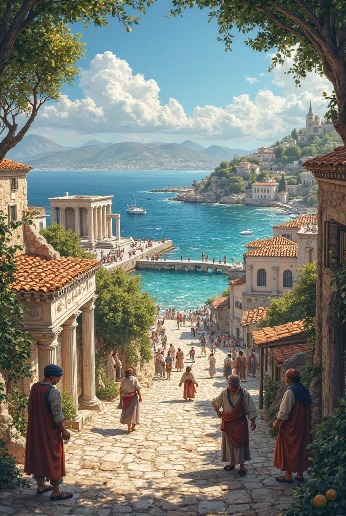 An ancient Greek seaside town with a pier,tempio,piazza,frutteti,House of the Sovereign,biblioteca 