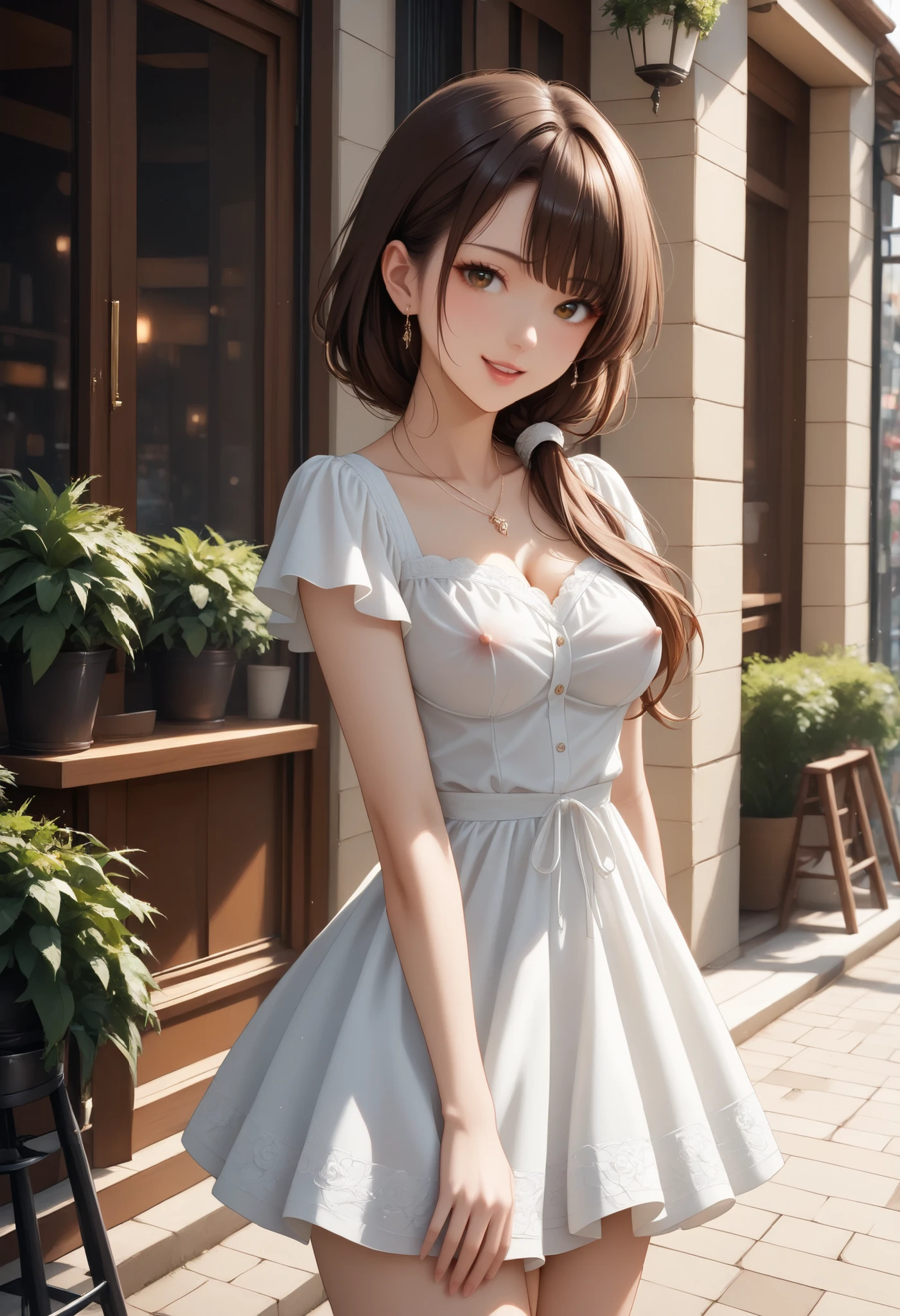 (masterpiece、top quality、Very Beautiful、Super Detail)、Exquisite Details、4K、full body、 kasumi tendo 、Hair over the shoulder、brown hair、brown eyes in the oral vagina、long hair、medium breasts、beautiful breasts、erect nipples、seductive cleavage、wide open chest、Low Ponytail、 very short flared skirt、seductive thighs、red high heels、 white suke blouse 、smile、is standing、cowboy shot、Outdoors