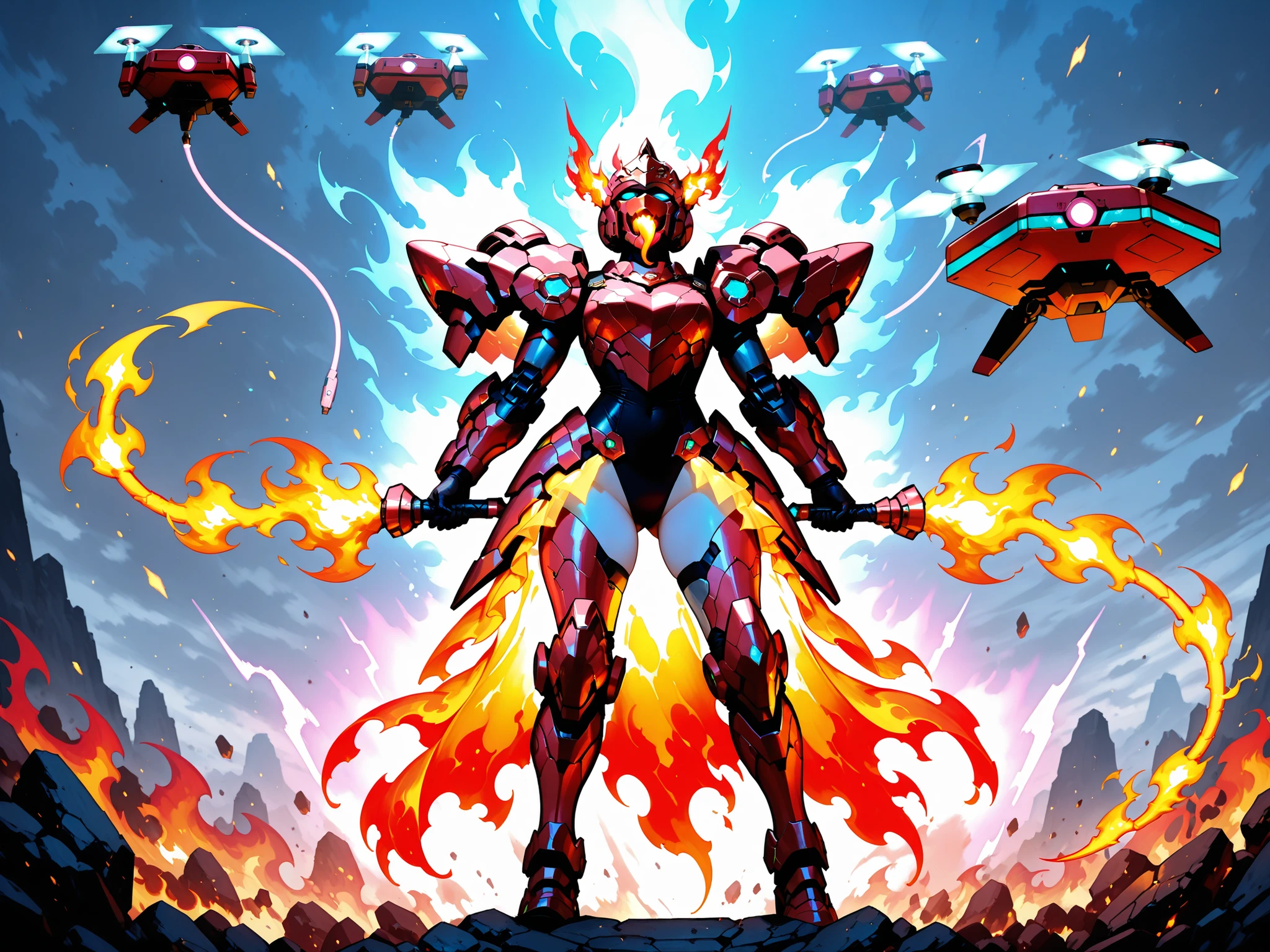 Feminine Mecha Knight, Leotard Armor, energy skirt armor, Floating Guard Drone, flame tongue whip