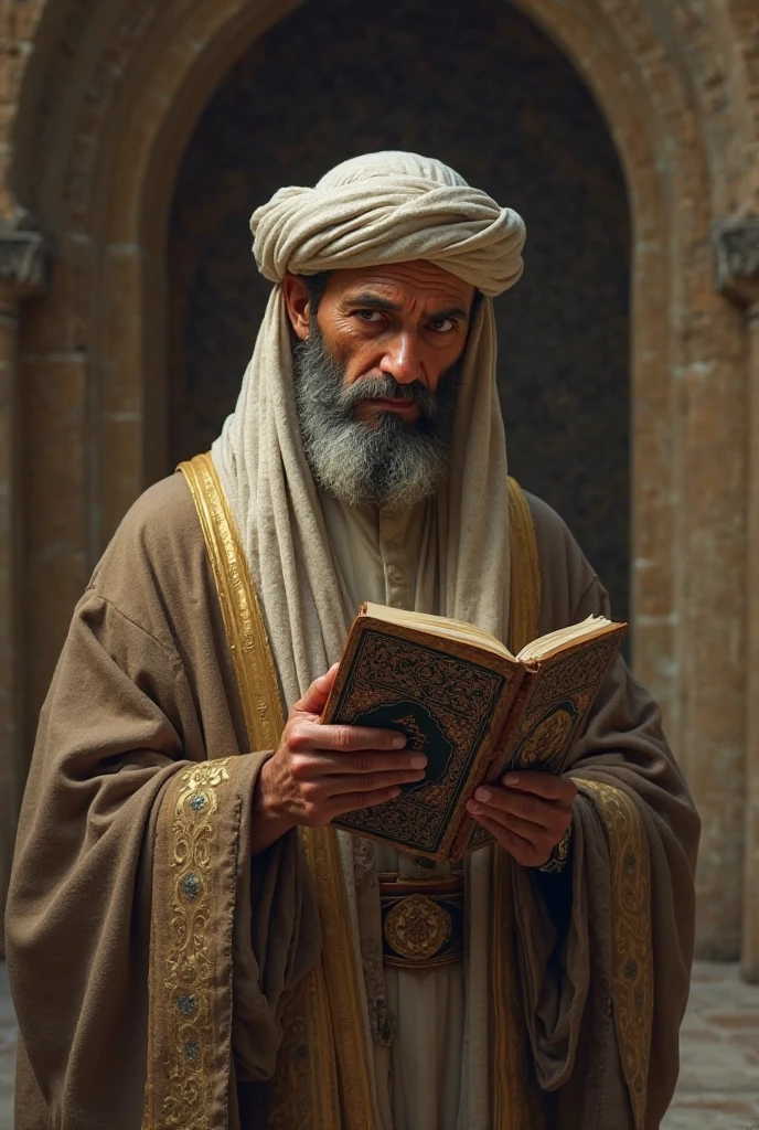 An Arab man dressed religiously with the Koran in his hand