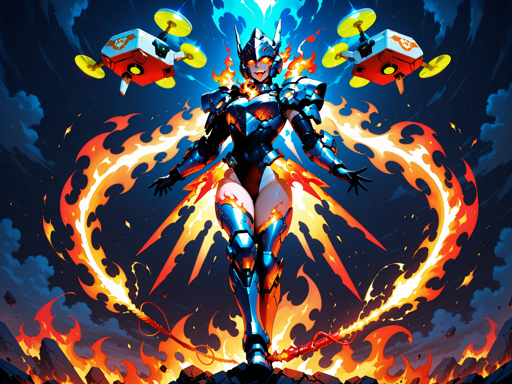 Feminine Mecha Knight, Leotard Armor, energy skirt armor, Floating Guard Drone, flame tongue whip