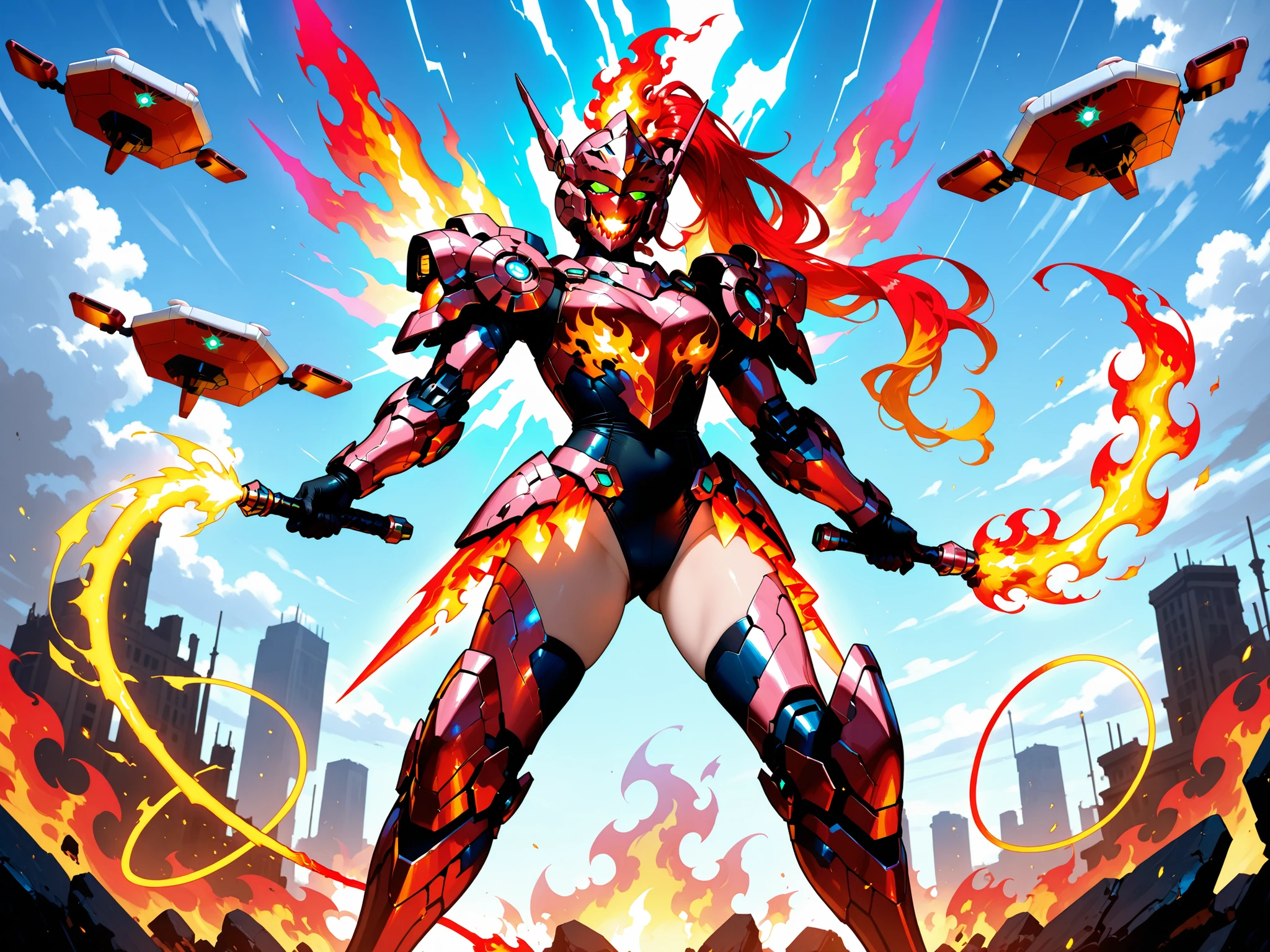 Feminine Mecha Knight, Leotard Armor, energy skirt armor, Floating Guard Drone, flame tongue whip