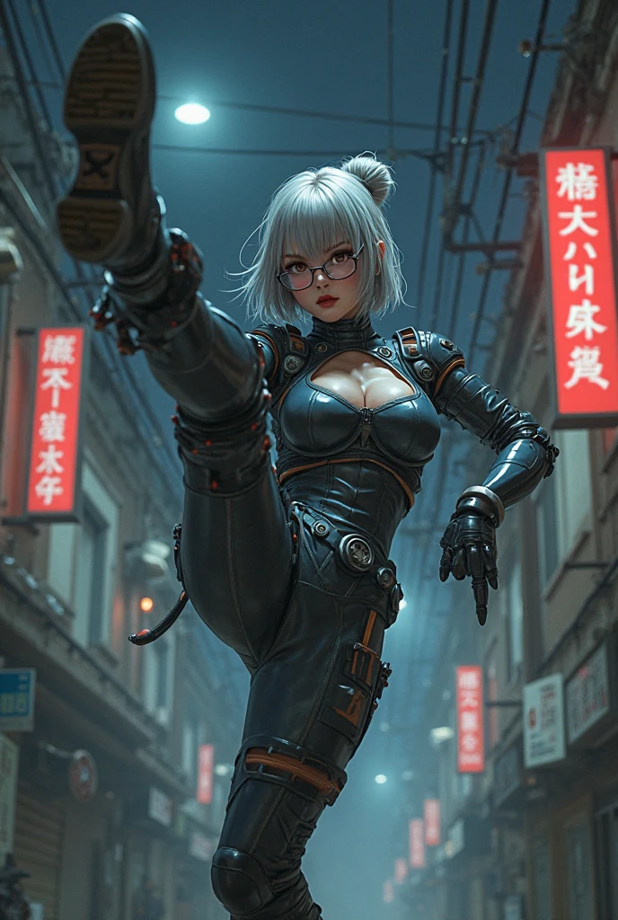 masterpiece, best quality, 1girl, solo, shrkmk, glasses, grey hair, short hair, ????????????, lips, ????????, (mechanical parts), (robot joints), headgear, outdoors, alleyway, night, dark, kicking, kicking at viewer, motion lines, motion blur, brown eyes, single hair bun, covered ???????, building, neon lights, power lines, high kick, looking at viewer, cyberpunk, angry, frown, raised eyebrow, parted lips, masterpiece, best quality, 1girl, solo, shrkmk, glasses, grey hair, short hair, ????????????, lips, ????????, (mechanical parts), (robot joints), headgear, outdoors, alleyway, night, dark, k
Se