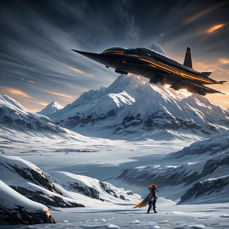 ein avali, In an icy snowy landscape, behind him a snow-covered mountain, on the mountain there is a black spaceship, With orange Akz, 8K, detailliert, photorealistic, Professional, dynamisch, surreal, high-quality digital illustration, schnee, eis, berge, raumschiff, orange accents multicolor hair, 