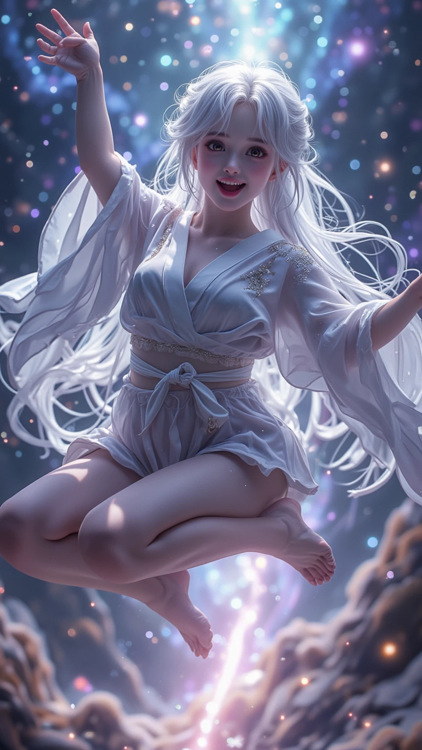 "AIYANA mid-air in a perfect split jump, surrounded by a sparkling nebula. Her short kimono flares dramatically, revealing her voluptuous curves. A bright cosmic beam lights her from below, making her look divine. Her expression is playful, mouth open in a joyful smile, her long silver hair flowing like stardust."