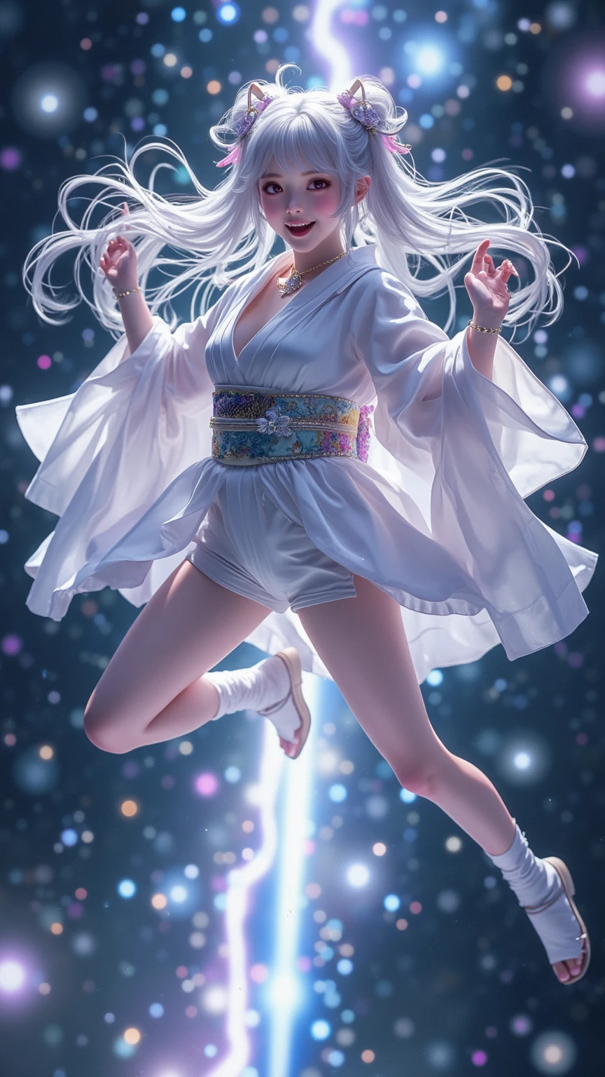 a side view photo of full body of a 18-year-old hungarian girl with big blue eyes in a loose-fitting white cloth,  who has white long hair, who floats over the surface of water in standing up straight, who looks at the viewer with smile, who resembles Emma Watson, <lora:japaneseDollLikeness_v10:0.3>

(solo), (quality:1.4), (photorealistic:1.2), (resolution:1.4), (sharpness:1.6), (cinematic lighting)

(long:1.4) white fabric flows over the surface of the water
many stars (glitters:1.4) in (pitch-black:1.4) sky, depth of field
