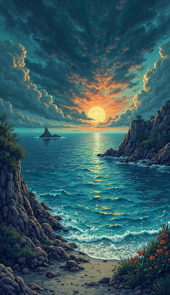 Cartoon-style dramatic scene where a once-colorful sea turns dark and begins to fade into the night, with a shadowy sky and vanishing colors — emotional, symbolic tone.