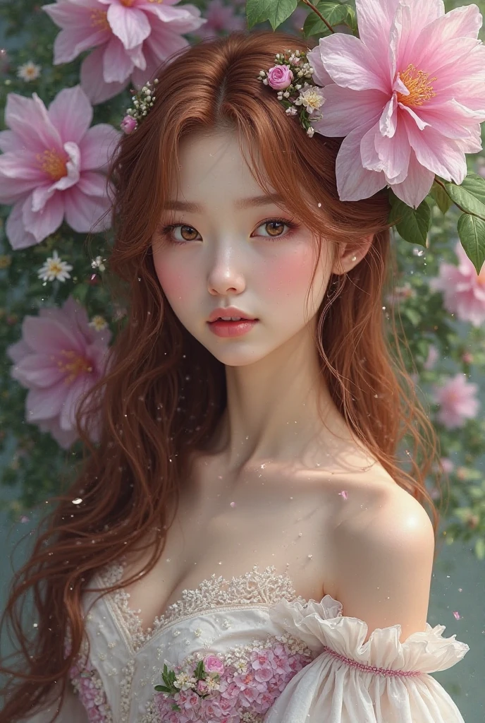 light pink hair, pink eyes, pink and white, cherry blossom leaves, Bright colors, white dress, paint splashes, simple background, ray tracing, wavy hair