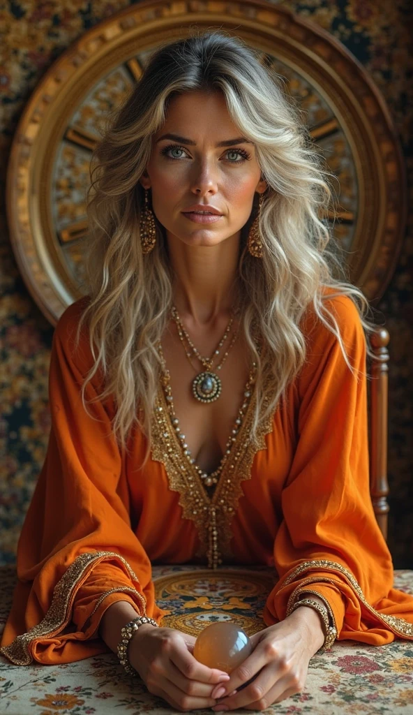 " Une représentation captivante d'une voyante   , Environ 50 ans   ,    dégageant un air de mystère et de sagesse   .     Elle a des yeux pénétrants qui semblent voir au-delà du présent    ,    encadrée par des lignes fines qui ajoutent du caractère à votre visage   . ton long,    des cheveux ondulés sont striés d'argent   ,   tombant sur les épaules  .    Elle est vêtue de costumes orange vif et dorés ornés de motifs complexes   ,    reflétant son aura mystique   .    Votre tenue comprend un châle fluide et orné   ,    des bijoux tels que des boucles d'oreilles et des bagues suspendus avec des pierres précieuses   .   Derrière se trouve une roue du zodiaque détaillée  , ajoutant un thème astrologique à la scène  .   — une table ronde avec une boule de cristal brillante ,    bougies vacillantes   ,    et des cartes de tarot éparpillées sur un tissu de velours   .    La scène est baignée d'une lumière chaude   ,    éclairage tamisé   ,    créant une atmosphère énigmatique et magique  ,    Derrière se trouve une roue du zodiaque détaillée  , ajoutant un thème astrologique à la scène ,  elle montre directement un