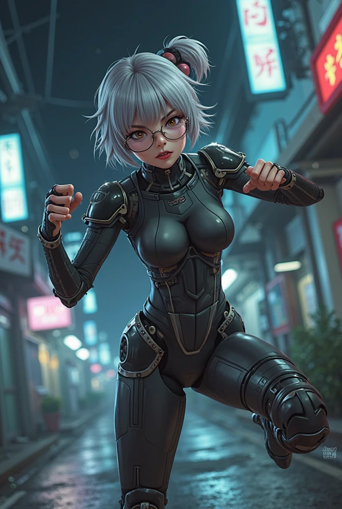 masterpiece, best quality, 1girl, solo, shrkmk, glasses, grey hair, short hair, huge breasts, lips, bodysuit, (mechanical parts), (robot joints), headgear, outdoors, alleyway, night, dark, kicking, kicking at viewer, motion lines, motion blur, brown eyes, single hair bun, covered nipples, building, neon lights, power lines, high kick, looking at viewer, cyberpunk, angry, frown, raised eyebrow, parted lips, masterpiece, best quality, 1girl, solo, shrkmk, glasses, grey hair, short hair, huge breasts, lips, bodysuit, (mechanical parts), (robot joints), headgear, outdoors, alleyway, night, dark, k
Se