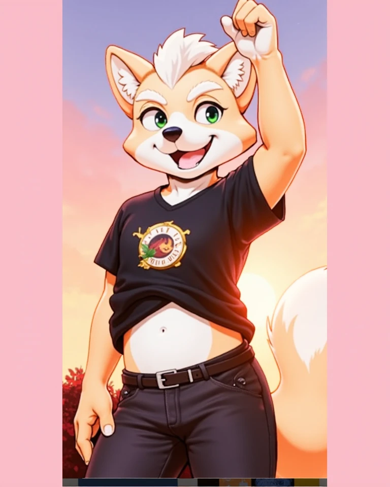 Furry Fox McCloud, black t-shirt, black pants, navel, carefree, happy, sunset, evening