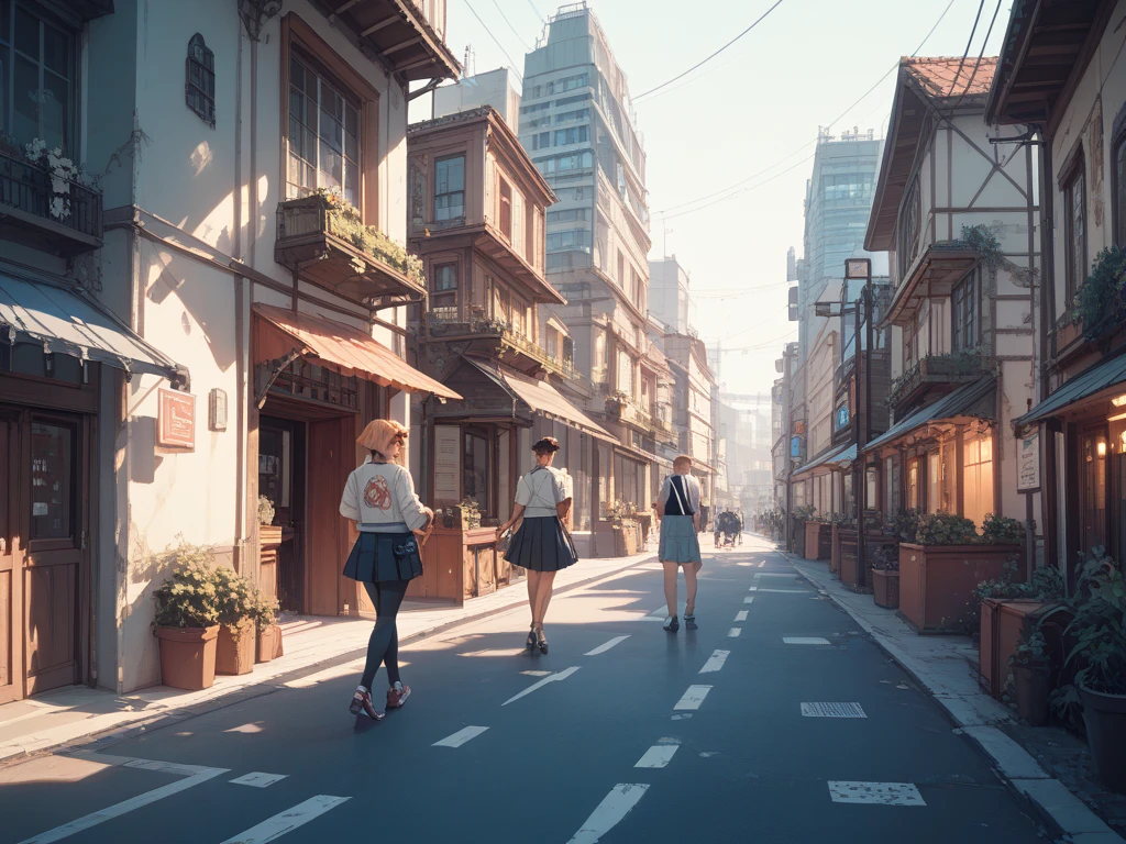 Create isometric illustration images。worldview is not a flat surface。Slightly deformed illustration with line art。Depict the cityscape in detail。