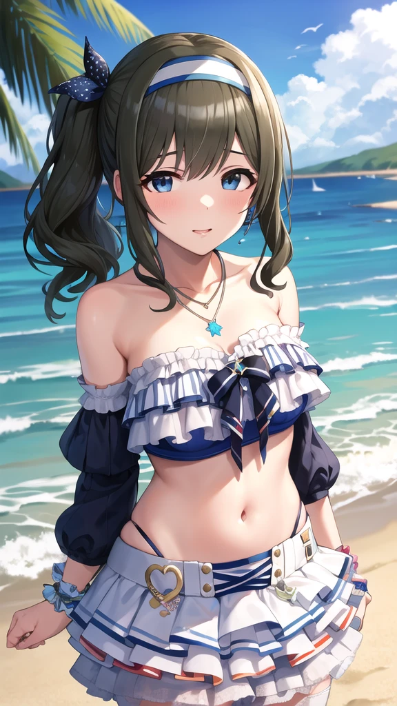 (masterpiece), best quality, 8k,(neuro-sama),(flat chest),fullbody,frilly bikini skirt, blue bikini,frilly bikini top,standing straight,beach,smiling,1girl,facing viewer,neuro_sama