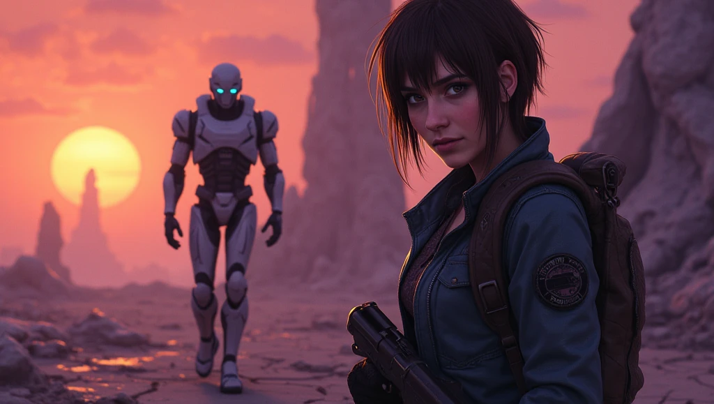 Design a dramatic, emotionally symbolic sci-fi YouTube thumbnail inspired by “The Last Breath of Orion-9.”
Scene composition: Show Dr. Selene Korr (female, early 30s) in the foreground, standing in a defensive stance with her pulse pistol lowered, her gaze fixed forward. She has a rugged medic's uniform, short messy hair, and faint scars. Her expression is haunted yet fierce.
To her right, slightly behind, is Eli-7 — a humanoid android, visibly damaged, with exposed mechanical joints, cracked white plating, and one glowing blue eye. He stands protectively, holding no weapons, but projecting calm strength.
The background reveals a collapsing alien structure with glowing, root-like technology rising from cracked ground—symbolizing the Genesis Core awakening. Use moody lighting and contrast: a dying orange sky blending into violet shadows, creating a tone of beauty, decay, and possible redemption. Highlight the emotional connection between the two figures amidst a hostile, changing world.