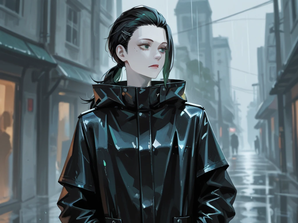 a guy with pale skin with a mole under his left eye. with dark black hair pulled back in a low ponytail. in a leather raincoat, green eyes and a small lycoris hairpin