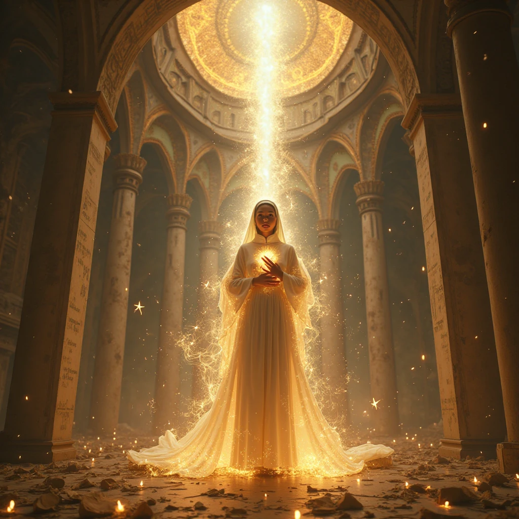 **Core Imagery****《0.01% Eternal Rift》**
A modern nun dressed in flowing light gauze was suspended in the space between reality and illusion. Her hands were crossed over her heart, and 100 golden data streams flowed out from her fingertips, converging into a spiral beam of light reaching the dome. The binary code of ancient scriptures vaguely emerged in the light column, and there was a tiny crack at the top of the light column, leaking 0.01% of deep blue starlight - symbolizing a gap in faith beyond perfect calculation. **Character Details**
- **Face**: A mixed-race Asian-African woman, with a translucent amber complexion, pupils and irises made of miniature nebulae, and liquid gold tears at the corners of her eyes (solidified into religious patterns) **Body shape**: The proportions follow the golden ratio, with translucent light filaments extending from the fingertips, resonating with the background data flow; the feet are stepping on broken electronic rose petals, each petal is engraved with different religious symbols **Clothing**: A plain white nanofiber robe, with 3D holographic scriptures from the Koran, Bible, and Bhagavad Gita displayed as the air flows, and a belt woven with AI chips and sandalwood beads tied around the waist **Scene Narrative****Background**: A thousand-year-old cyberpunk church ruin, with stained glass windows replaced by holographic advertisements (the content is "Algorithm Redemption 3.0 Limited Time Download"), but glowing olive branches are stubbornly growing in the cracks of the ruins.  **Light and shadow**:- The main light source comes from the beam of light from the character's heart, dividing the church into two worlds: on the left is a cold neon city (skyscrapers projecting a "Faith Value Quantitative Ranking"), and on the right is the silhouette of pilgrims in the warm golden twilight (people holding candles and quantum communicators)- Light particles that materialize the user's prayer data float in the air, forming star tracks