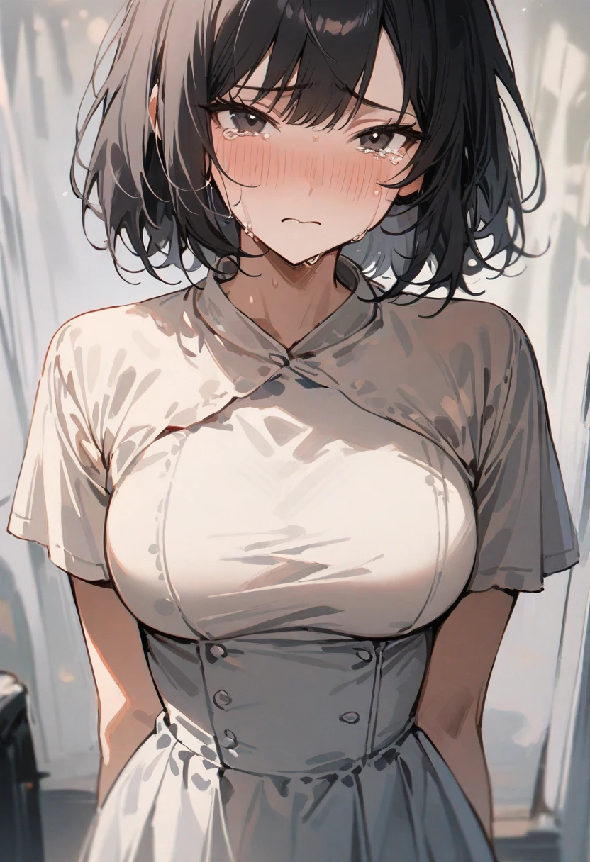 Low angle long shot、(((White short sleeve elegant blouse、Red long skirt))),(((Outside the apartment、Looking up at the apartment building、Anxious expression:1.3)))Mid-length bob cut hair:1.9. Very large breasts:1.6. Being toyed with:1.9 (((Night 3.6、Apartment room:1.3)))、(((1 Female:1.3))), (((Brown Hair:1.3. Wavy Hair:1.3. Bob Cut Hair:1.9 Round Eyes Beauty:1.3. Shapely breasts, brown eyes, side-swept bangs, red cheeks:1.3 Sweat:1.3)))、(((Top quality masterpiece high resolution perfect human body:1.3))),(((Sweat:1.3,cute:1.3)))