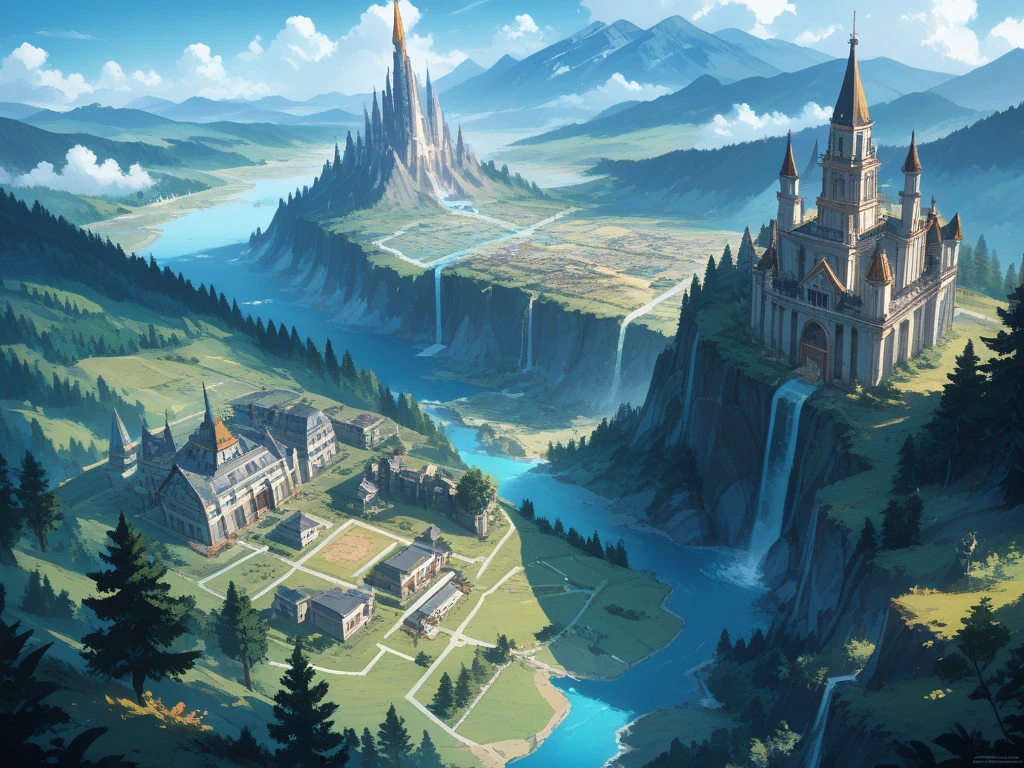 Please create a realistic world map。The、Please depict the landscape three-dimensionally like a game map。worldview is not a flat surface。 realistically 。Please describe a lot of cities。Natural landscapes such as mountains and forests、Please describe both man-made structures。Please add more elements。