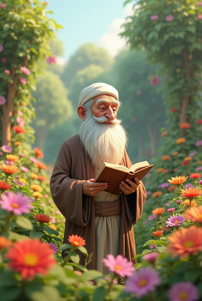 The old muslim man white beard stand with Beautiful garden read a book flowers around 3d cartoon 9.16 