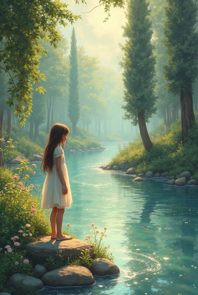 Create a high-quality picture of a girl met a river