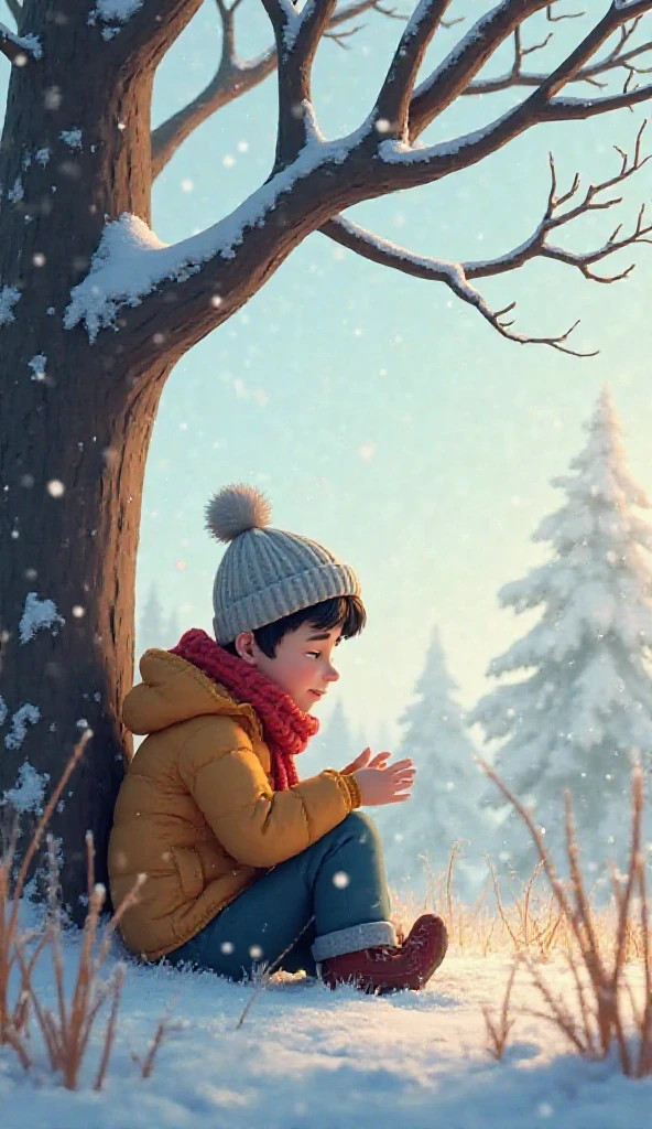 Little child girl lying under big tree while snowing 
