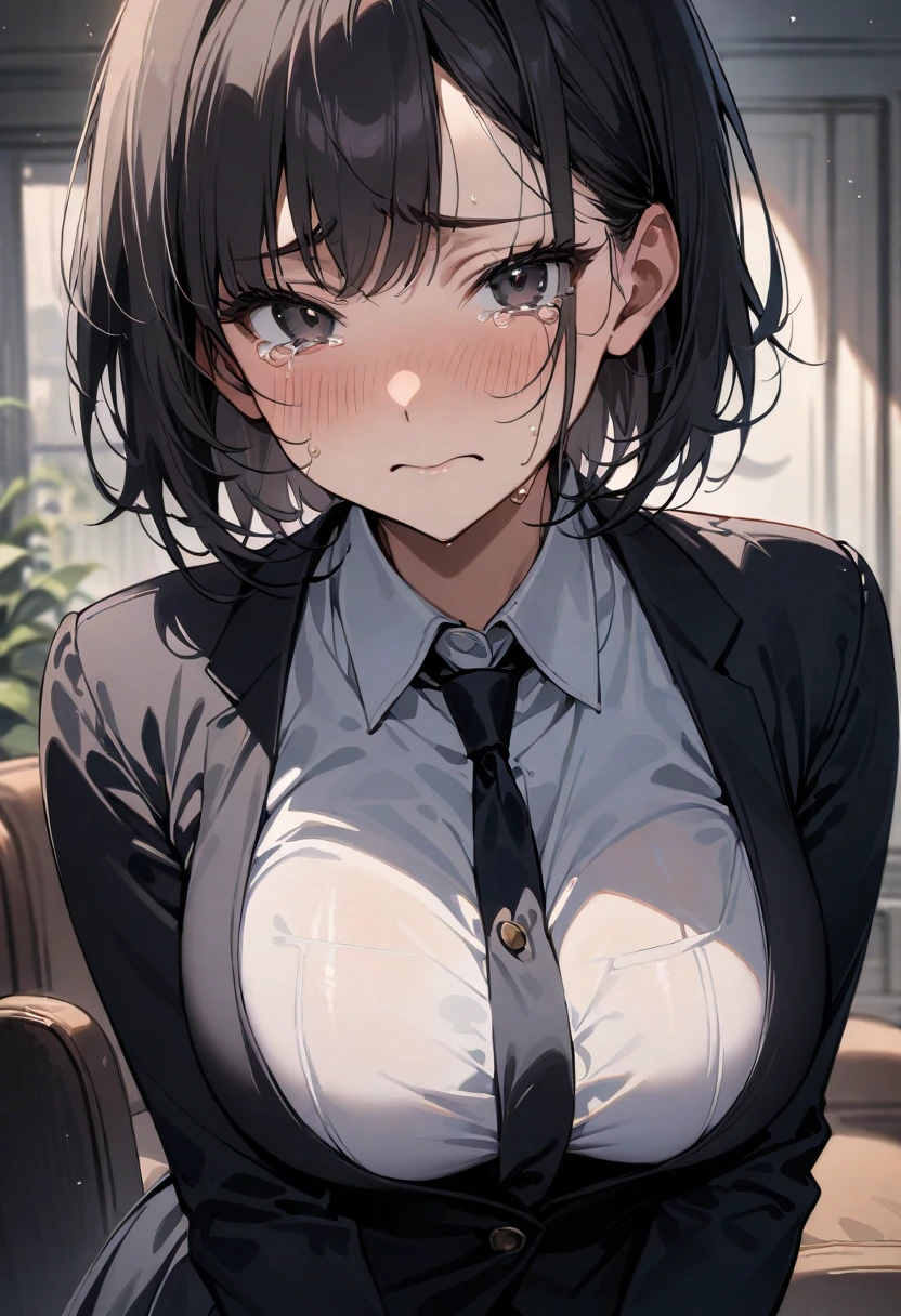 masterpiece,Best quality,Japanese cartoons,1 Girl,White school uniform,Large breasts, Tall height，Black short hair,Black pupil,No Expression，Looking at the audience，