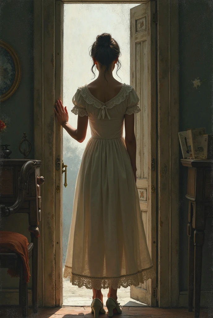 Generate me a picture of an adult girl from before, opening the door