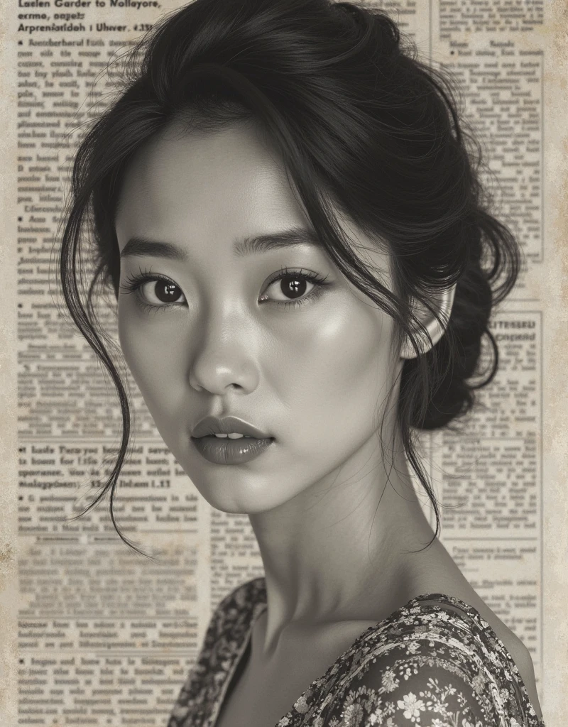 masterpiece, hyper detailed, hyper render, hyper res, A beautiful asian woman on 80's Singapore news paper monochrome photo,