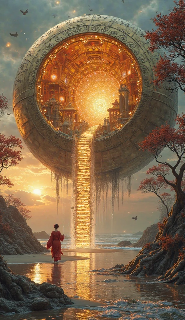presents a stunning surreal scene. A giant golden metal sphere, hollow and decorated with intricate futuristic carvings, floats in the fiery twilight sky. Inside, it is not just a temple, but a glittering floating city, filled with magical light. A waterfall of pure energy flows in a spiral staircase of crystals, stretching to a sparkling silver sand beach. A geisha, not just walking, but dancing gracefully on the sand, her kimono a fiery red like the setting sun, adds mystery and charm. The roots of ancient trees, glowing with bioluminescence, stretch across the sand, connecting the heavenly world with the mortal world. The sky, not just overcast, but a canvas of swirling, colorful nebulae, creates a dramatic contrast with the gold of the sphere and the light of the floating city. All in all, it is a breathtakingly imaginative vision, a living dream full of magical technological innovation, inviting the viewer to explore a world of infinite fantasy.
