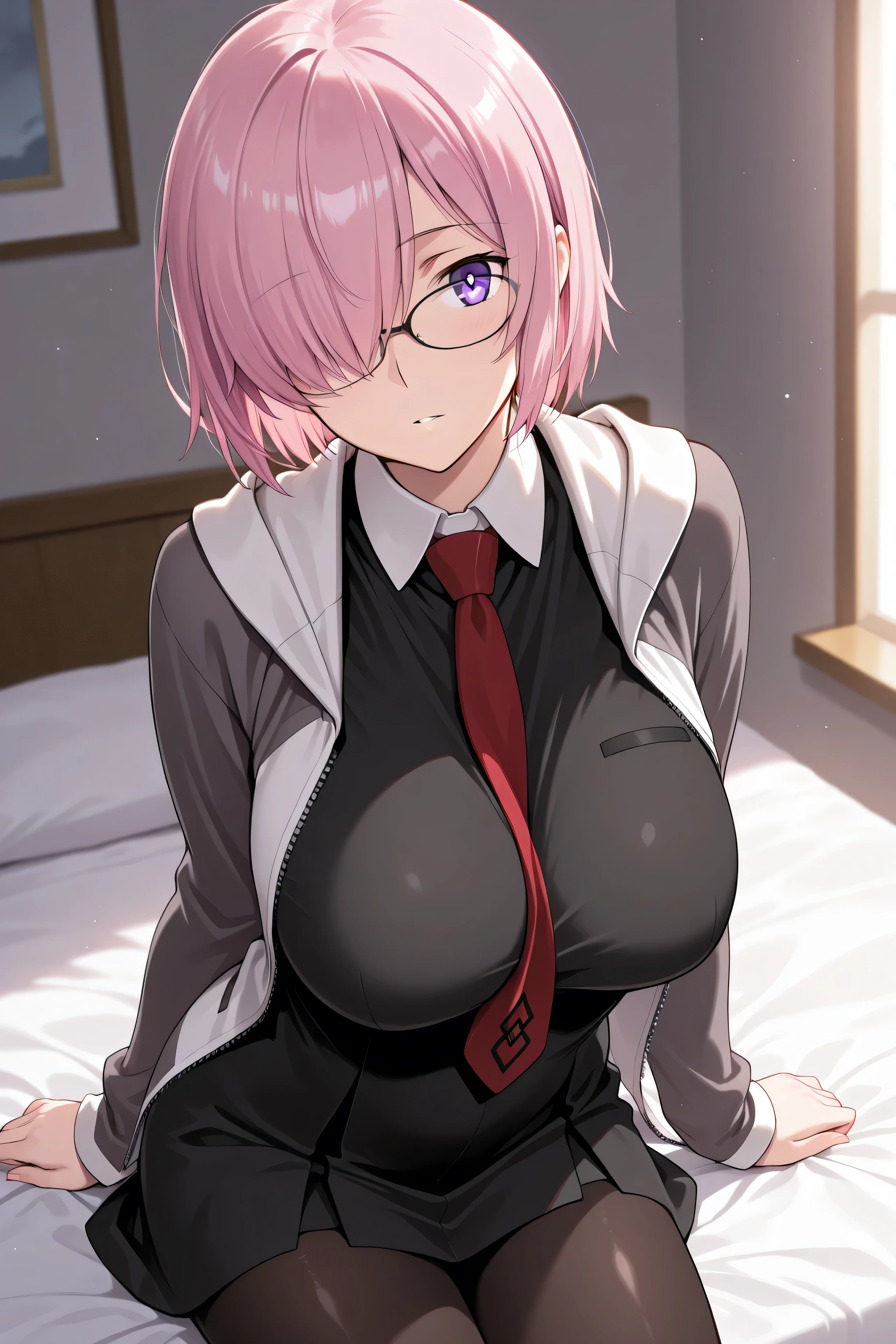 NSFW,masterpiece,Highest quality,High resolution,Very detailed,Mash Kyrielight\(Fate/grandorder\),short hair、Purple Eyes、Pink Hair、Hair covering one eye,Glasses、Food、shirt、襟付きshirt、White collar、黒いshirt、tie、赤いtie、No sleeve、Off the shoulder