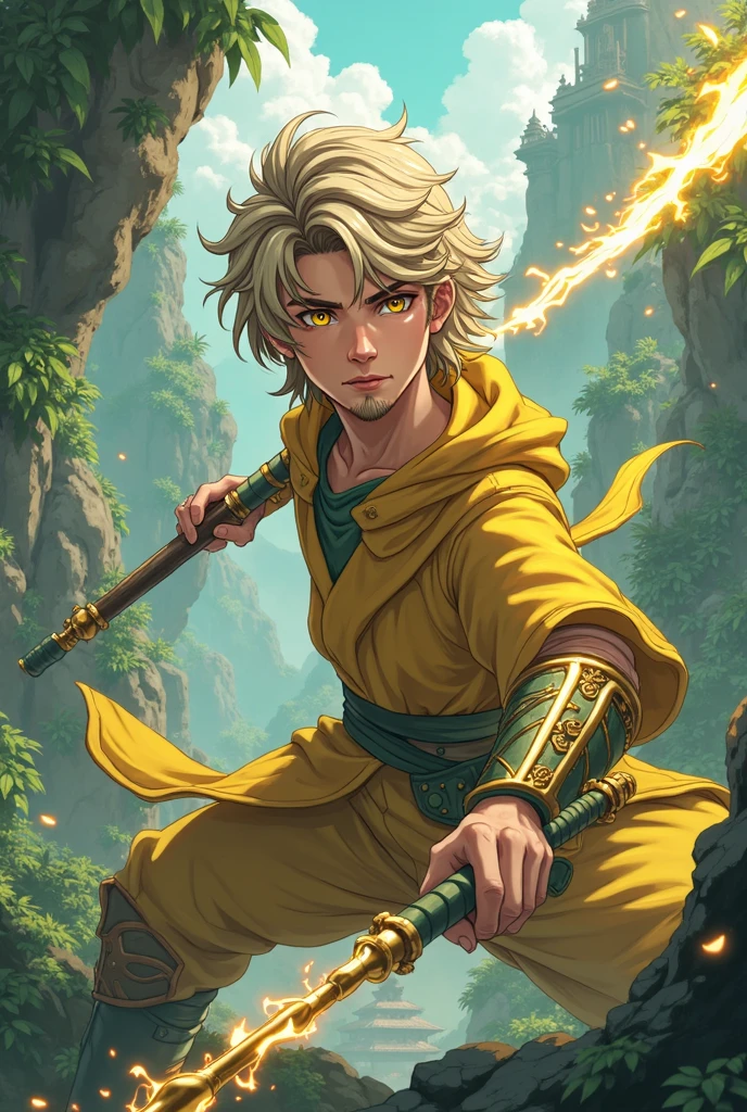 “Fantasy Action Scene. Anime Style. A jungle clifftop temple with lots of foliage. Full Body. A Dynamic action panel of an Olive-Toned, French White Young Adult Male Warrior holding a Gold Staff that radiates wind and electricity in his left hand. A windy aura surrounds the staff. Have him with Wavy, short Blonde-Brown hair and bright Golden eyes. He has Light-Brown goatee facial hair. Have him wearing a slim yellow Shinobi outfit with green metallic accents. Have him with gold and green metallic protective gear. Slim, Toned body. Beautiful, Confident, and Masculine. A windy, electric aura surrounds the body. Ready to attack with the staff. Have the image be Highly Detailed. Have the face with extreme, precise details, 8K, HD.”