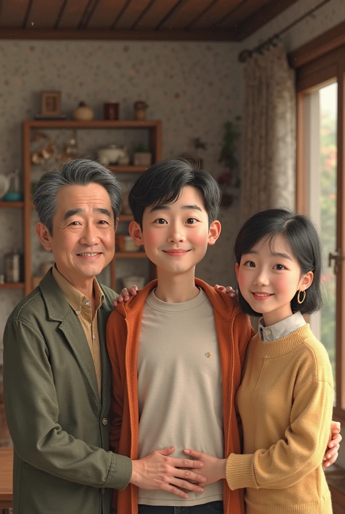 A realistic picture of a young Korean man with his family, father and mother, in normal clothes